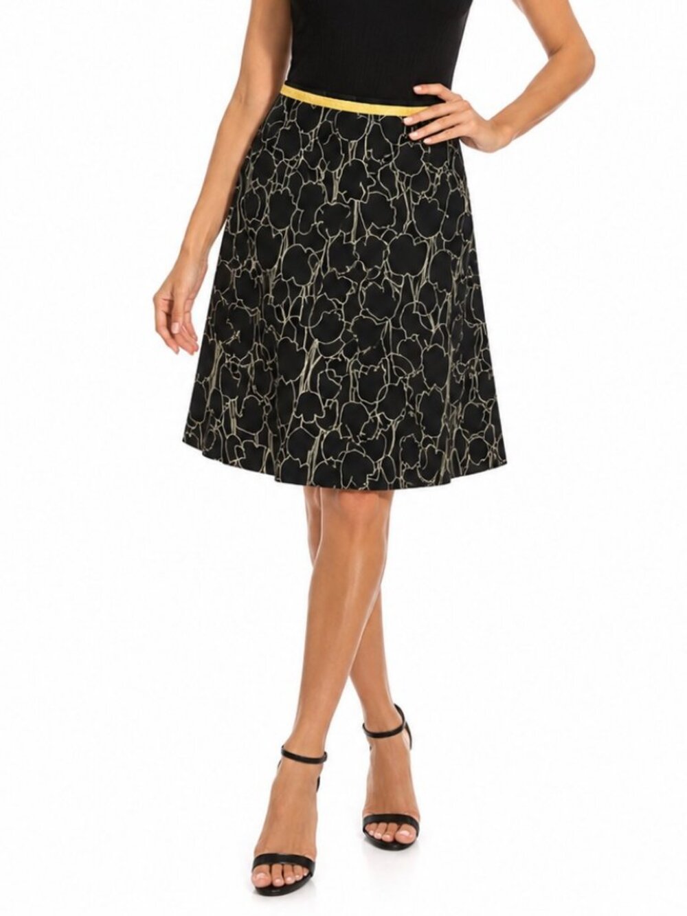 Vintage Lily Black Floral A-Line Skirt Size S Yellow Trim Tulip Preppy